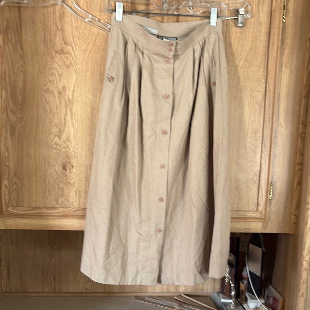 Tan Pleated A-Line Midi Skirt for Work